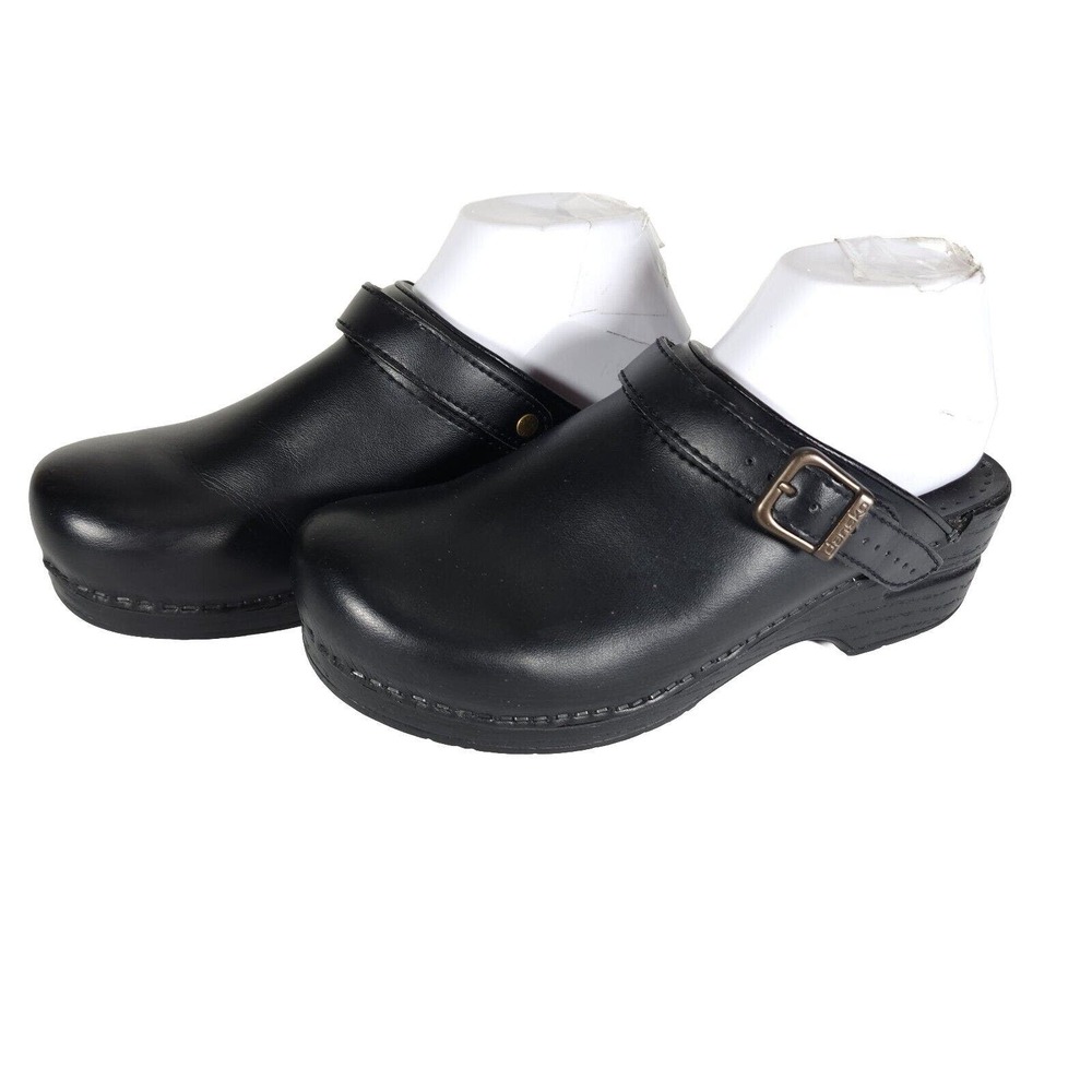 Dansko Women's Ingrid 40 US 8.5 9 Black Leather Stapled Open Back Clogs Shoes